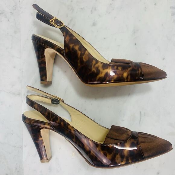 SARAH FLINT Perfect Sabina Sling 85 37-1/2 Tortoise Patent Espresso Satin EUC - Picture 3 of 12